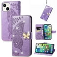 thumbnail image 1 of for iPhone 15 Plus Phone Case Wallet, Women Flip Folio Cover with Credit Card Holders Diamond Emboss Butterfly Flower PU Leather Purse Wrist Strap Kickstand Case for iPhone 15 Plus, Lightpurple, 1 of 9