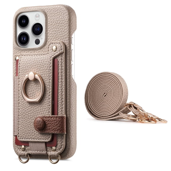 For iPhone 15 Plus Phone Case,With 360° Rotatable Ring Kickstand,Detachable Long Shoulder Strap,Card Slots,Shockproof Anti-fall PU Leather Anti-Scratch Back,Durable Wallet Phone Case,Khaki