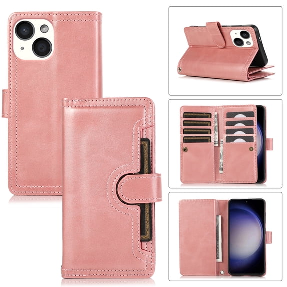 for iPhone 15 Plus Phone Case,for iPhone 15 Plus Wallet Case RFID Blocking 8 Card Slots Holder & 1 Cash Pocket & 1 Outer Pouch,Wrist Strap,Shockproof Leather Magnetic Flip Stand Cover,Rosegold