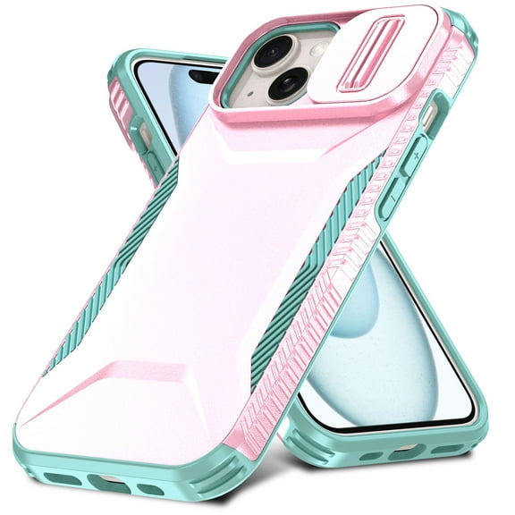 for iPhone 15 Plus Rugged Case with Camera Lens Sliding Cover, Heavy Duty Polycarbonate Protective Shockproof Cover with Slide Camera Cover Upgraded Drop Resistant Case for iPhone 15 Plus, Pink