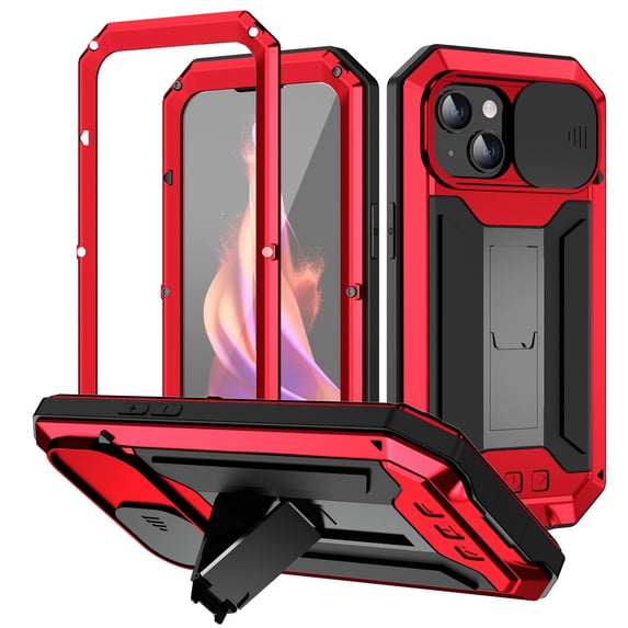for iPhone 15 Plus Rugged Metal Case, with Screen Protector Kickstand Camera Sliding Cover for iPhone 15 Plus Full Cover Military Sturdy Armor Shockproof Dorp Test Cover for Outdoor, Red