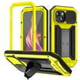 thumbnail image 1 of for iPhone 15 Plus Rugged Metal Case, with Screen Protector Kickstand Camera Sliding Cover for iPhone 15 Plus Full Cover Military Sturdy Armor Shockproof Dorp Test Cover for Outdoor, Yellow, 1 of 7