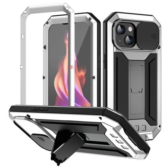for iPhone 15 Plus Rugged Metal Case, with Screen Protector Kickstand Camera Sliding Cover for iPhone 15 Plus Full Cover Military Sturdy Armor Shockproof Dorp Test Cover for Outdoor, Silver