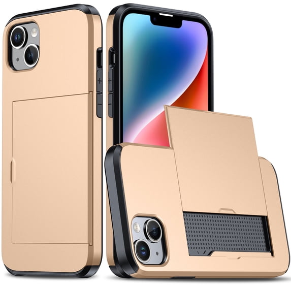 for iPhone 15 Plus Slide Flip Case with Card Holder, Dual Layer Heavy Duty Protective Case Hidden Card Slot Slim Shockproof Wallet Case Compatible with iPhone 15 Plus, Gold