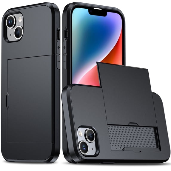 for iPhone 15 Plus Slide Flip Case with Card Holder, Dual Layer Heavy Duty Protective Case Hidden Card Slot Slim Shockproof Wallet Case Compatible with iPhone 15 Plus, Black