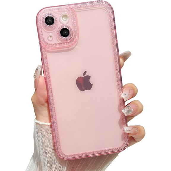 for iPhone 15 Plus Sparkly Cute Transparent Case, Soft Silicone TPU, Camera Raised Protection, Anti-Slip and Anti-Shock, Glittering Suitable for Women, Girls - Pink