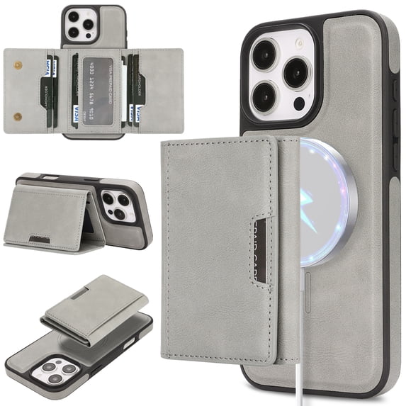 for iPhone 15 Plus Wallet Case with 7 Card Slots, Detachable Magnetic Back Cover, Premium PU Leather Kickstand Drop Protective Shockproof Classic Flip Case for iPhone 15 Plus, Gray