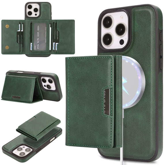 for iPhone 15 Plus Wallet Case with 7 Card Slots, Detachable Magnetic Back Cover, Premium PU Leather Kickstand Drop Protective Shockproof Classic Flip Case for iPhone 15 Plus, Green