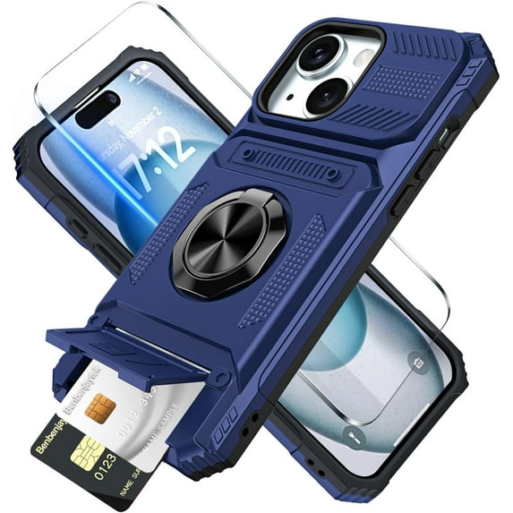 for iPhone 15 Plus Wallet Case with Card Holder + 1 Screen Protector, (2 Cards) & 360°Ring Kickstand Military Grade Drop Shockproof Rugged Case for iPhone 15 Plus 6.7" (Blue)