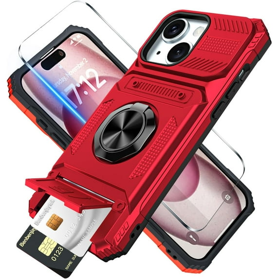 for iPhone 15 Plus Wallet Case with Card Holder + 1 Screen Protector, (2 Cards) & 360°Ring Kickstand Military Grade Drop Shockproof Rugged Case for iPhone 15 Plus 6.7" (Red)