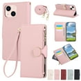 thumbnail image 1 of For iPhone 15 Plus Wallet Case with Card Holder/Crossbody Strap/Zipper Pouch/Lanyard,[RFID Blocking][Magnetic Closure] Premium PU Leather Shockproof Cover For iPhone 15 Plus,Pink, 1 of 9