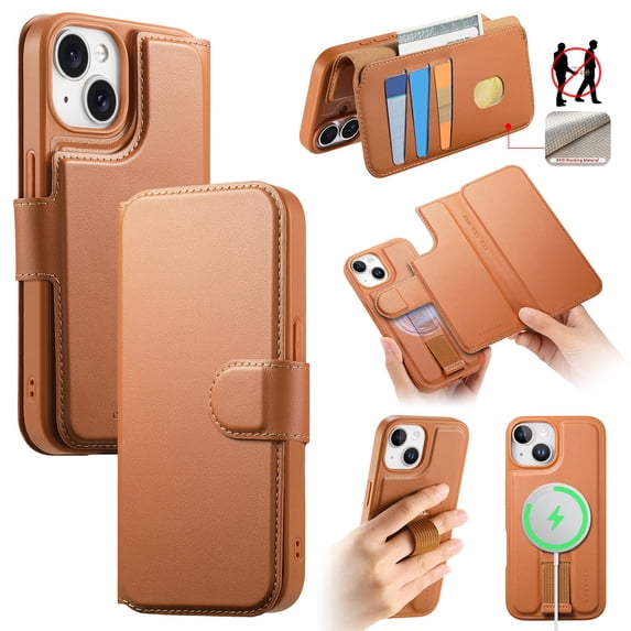 for iPhone 15 Plus Wallet Case with Card Holder & Detachable Magnetic Case, PU Leather All-Round Protective Cover with RFID Blocking, Stand, Wristband, Support Wireless Charging, Brown