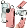 thumbnail image 1 of for iPhone 15 Plus Wallet Case with Card Holder, Hand Wrist Strap Loop Holder Kickstand, Finger Grip Ring Buckle PU Leather Double Buttons Shockproof Cover for iPhone 15 Plus, Pink, 1 of 10