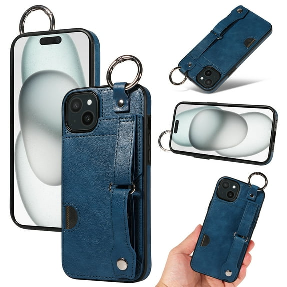 for iPhone 15 Plus Wallet Case with Card Holder, Hand Wrist Strap Loop Holder Kickstand, Finger Grip Ring Buckle PU Leather Double Buttons Shockproof Cover for iPhone 15 Plus, Blue