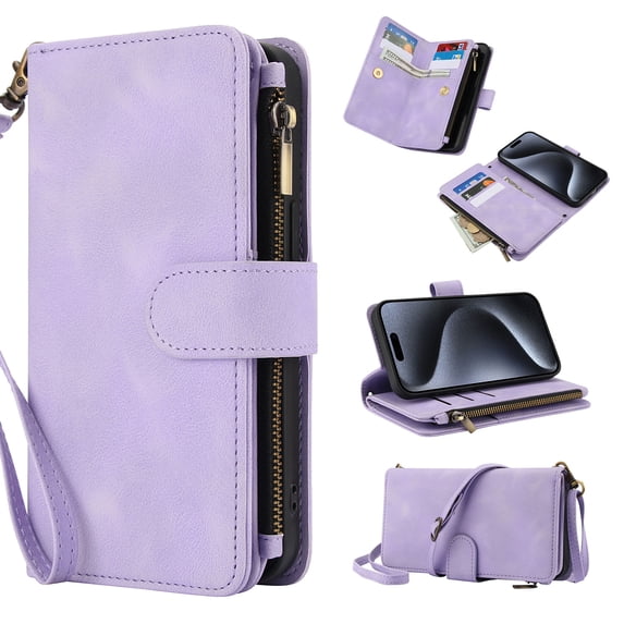 for iPhone 15 Plus Wallet Case with Card Holder for Women Men, Phone Case RFID Blocking PU Leather Flip Shockproof Cover with Shoulder + Wrist Strap Zipper Credit Card Slots Stand, Purple