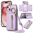 thumbnail image 1 of for iPhone 15 Plus Wallet Case with Card Holders for Women Girls, Crossbody Strap Zipper PU Leather Case with Finger Ring Protective Kickstand Designed for iPhone 15 Plus, Purple, 1 of 10