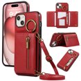thumbnail image 1 of for iPhone 15 Plus Wallet Case with Card Holders for Women Girls, Crossbody Strap Zipper PU Leather Case with Finger Ring Protective Kickstand Designed for iPhone 15 Plus, Red, 1 of 10