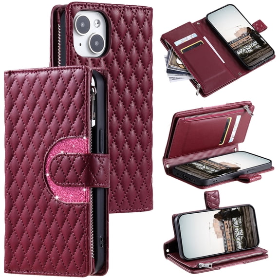 for iPhone 15 Plus Wallet Case, Classic PU Leather Phone Case for Women Men with Zipper Credit Card Holder Wrist Strap Crossbody Strap Shockproof Flip Case for iPhone 15 Plus, Winered