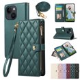 thumbnail image 1 of iPhone 15 Plus Wallet Case, with Crossbody Shoulder Strap Hand Wrist Cards Holder Zipper Pocket RFID Blocking Shockproof Flip Cover Stand Snap Closure Phone Case for Apple iPhone 15 Plus, Green, 1 of 7