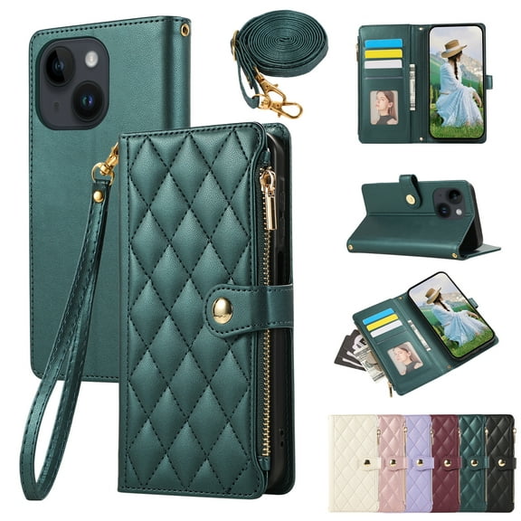 iPhone 15 Plus Wallet Case, with Crossbody Shoulder Strap Hand Wrist Cards Holder Zipper Pocket RFID Blocking Shockproof Flip Cover Stand Snap Closure Phone Case for Apple iPhone 15 Plus, Green