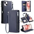 thumbnail image 1 of For iPhone 15 Plus Wallet Case – Crossbody Strap+Hand Lanyard & Zipper Pocket Credit Card Slots,Drop Tested PU Leather Magnetic Folio Cover with RFID Blocking Card Holder Phone Case,Darkblue, 1 of 9