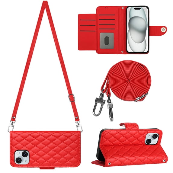 for iPhone 15 Plus Wallet Case, Elegant Card Holder Cash Slot PU Leather Kickstand Shoulder Strap Shockproof Protective Flip Women Girls Case Cover for iPhone 15 Plus, Red