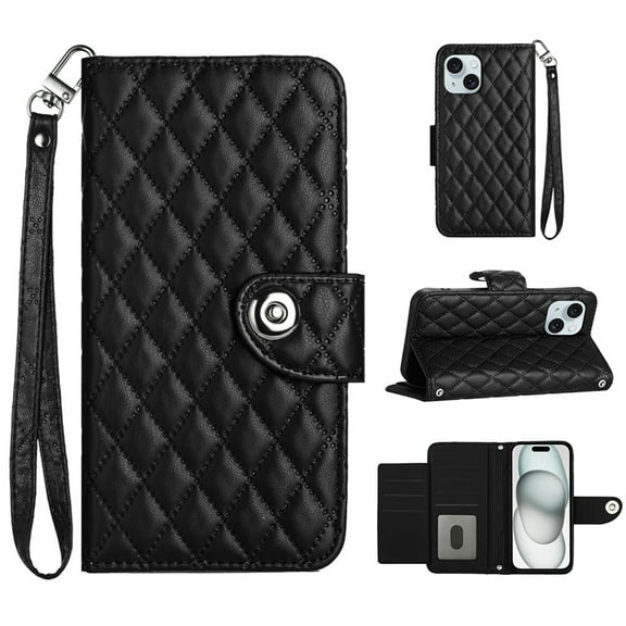 for iPhone 15 Plus Wallet Case, Elegant Card Holder Cash Slot PU Leather Kickstand Wrist Strap Wallet Shockproof Protective Flip Women Girls Case Cover for iPhone 15 Plus, Black