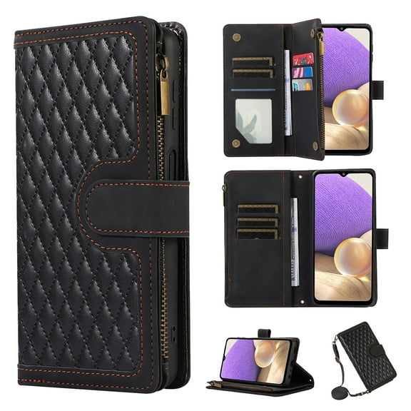 for iPhone 15 Plus Wallet Case, Heavy Duty Protection Zipper Pocket Card Slot PU Leather Flip Folio Protective Rugged Cover with Wrist Strap + Shoulder Strap for Men Women, Black