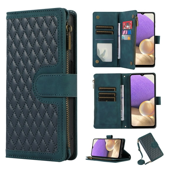 for iPhone 15 Plus Wallet Case, Heavy Duty Protection Zipper Pocket Card Slot PU Leather Flip Folio Protective Rugged Cover with Wrist Strap + Shoulder Strap for Men Women, Green