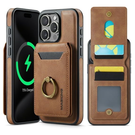 for iPhone 15 Plus Wallet Case with Magnetic Detachable Card Holder,360°Rotation Ring Holder Kickstand,PU Leather Shockproof Case,RFID Blocking Magnetic Clasp Protective Case,Brown