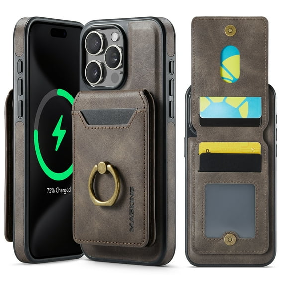 for iPhone 15 Plus Wallet Case with Magnetic Detachable Card Holder,360°Rotation Ring Holder Kickstand,PU Leather Shockproof Case,RFID Blocking Magnetic Clasp Protective Case,Coffee