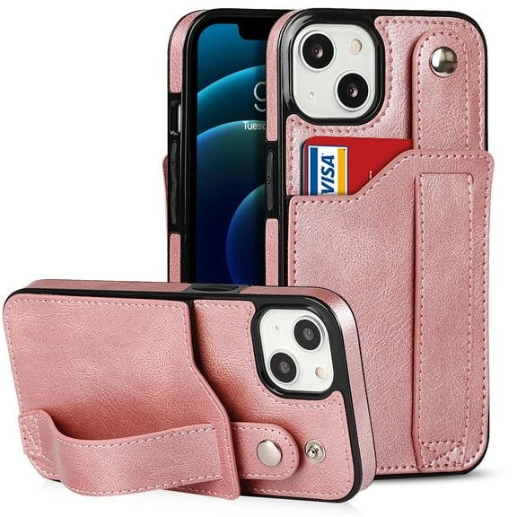 for iPhone 15 Plus Wallet Case with RFID Blocking Card Holder, Hand Wrist Strap Kickstand, Premium PU Leather Shockproof Anti-Scratch Heavy Duty Protection Back Cover Men Women, Rosegold