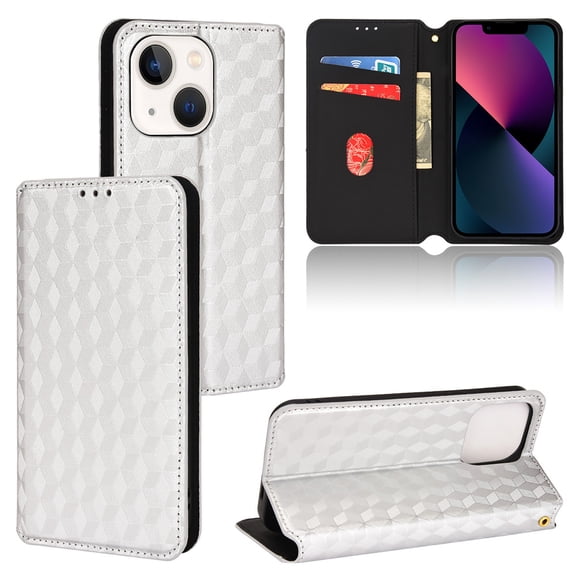 For iPhone 15 Plus Wallet Case with RFID Blocking ID Credit Card Holder, Luxury Diamond Patterned Shiny PU Leather Magnetic Folio Book Flip Kickstand Shockproof Phone Case, Silver