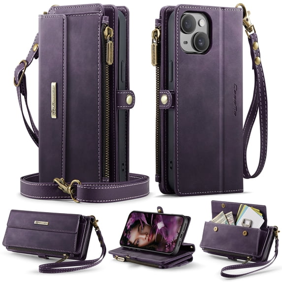 for iPhone 15 Plus Wallet Case with RFID Blocking, Zipper Pocket Kickstand Magnetic Clasp, PU Leather Heavy Duty Cover with Shoulder and Wrist Strap – Rugged Full-Body Protection, Purple