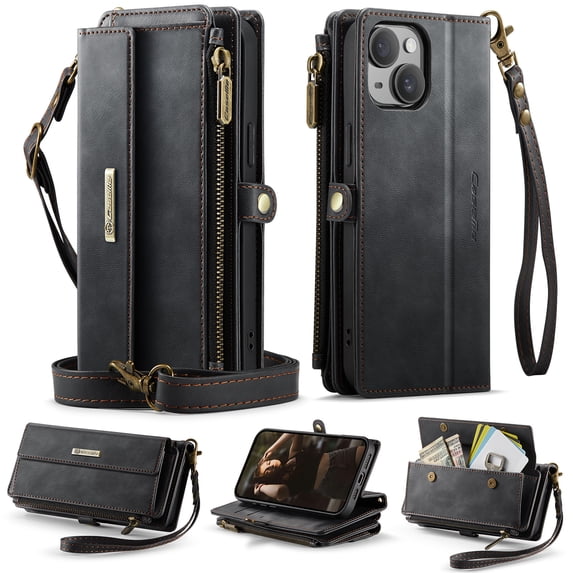 for iPhone 15 Plus Wallet Case with RFID Blocking, Zipper Pocket Kickstand Magnetic Clasp, PU Leather Heavy Duty Cover with Shoulder and Wrist Strap – Rugged Full-Body Protection, Black