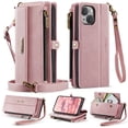 thumbnail image 1 of for iPhone 15 Plus Wallet Case with RFID Blocking, Zipper Pocket Kickstand Magnetic Clasp, PU Leather Heavy Duty Cover with Shoulder and Wrist Strap – Rugged Full-Body Protection, Pink, 1 of 12
