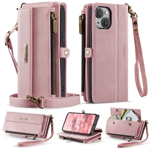 for iPhone 15 Plus Wallet Case with RFID Blocking, Zipper Pocket Kickstand Magnetic Clasp, PU Leather Heavy Duty Cover with Shoulder and Wrist Strap – Rugged Full-Body Protection, Pink