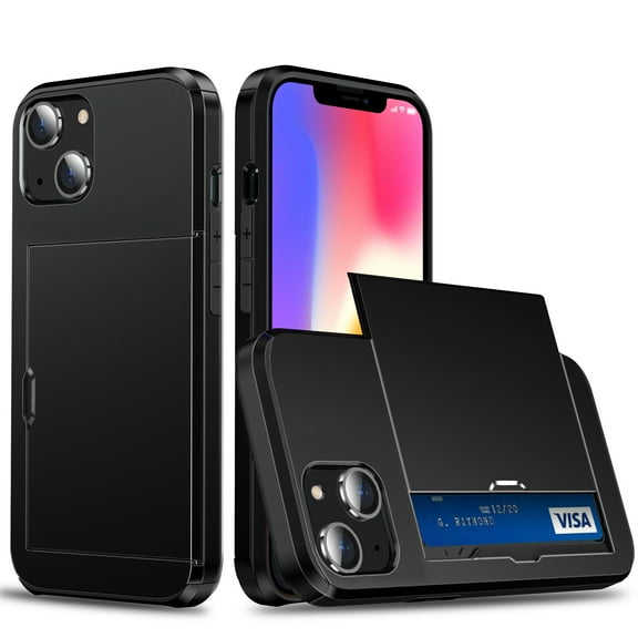 for iPhone 15 Plus Wallet Case with Sliding Door Hidden Pocket Credit Card Holder Dual Layer Heavy Duty Shockproof Hard PC Hybrid TPU Phone Flip Protective Cover for iPhone 15 Plus, Black
