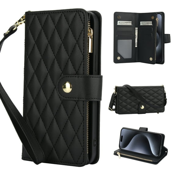 for iPhone 15 Plus Wallet Case with Zipper Pocket, RFID Blocking Card Slots, PU Leather Magnetic Clasp Kickstand Crossbody & Wrist Strap Rugged Protective Cover for iPhone 15 Plus, Black