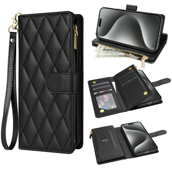 for iPhone 15 Plus Wallet Phone case with Card Holder,Kickstand RFID Blocking PU Leather Flip Shockproof Phone Cover with Hand Strap Zipper Credit Card Holder Slots for Women Men,Black