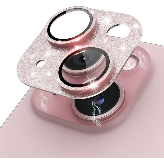 for iPhone 15 Plus/iPhone 15 Camera Lens Protector Glitter Plus Aluminium Alloy Ring 9H Tempered Glass Screen Case Friendly Camera Cover for iPhone 15 Glitter Pink