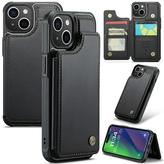 for iPhone 15 Premium PU Leather Back Case, Multiple Card Slots Design, Double Magnetic Clasp Study Kickstand RFID Blocking Classic Phone Cover for iPhone 15, Black