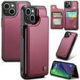 thumbnail image 1 of for iPhone 15 Premium PU Leather Back Case, Multiple Card Slots Design, Double Magnetic Clasp Study Kickstand RFID Blocking Classic Phone Cover for iPhone 15, Winered, 1 of 9