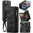 thumbnail image 1 of for iPhone 15 Premium PU Leather Folding Case, Multiple Card Slots Design, Wrist Strap Zipper Pocket Kickstand Magnetic Snap, Wireless Charging for iPhone 15, Black, 1 of 10