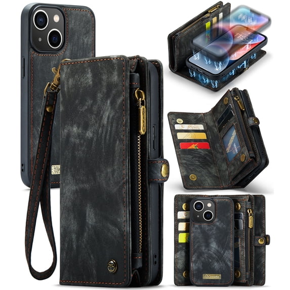 for iPhone 15 Premium PU Leather Folding Case, Multiple Card Slots Design, Wrist Strap Zipper Pocket Kickstand Magnetic Snap, Wireless Charging for iPhone 15, Black