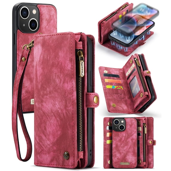 for iPhone 15 Premium PU Leather Folding Case, Multiple Card Slots Design, Wrist Strap Zipper Pocket Kickstand Magnetic Snap, Wireless Charging for iPhone 15, Red