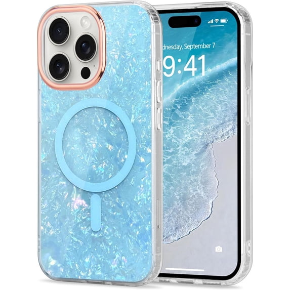 for iPhone 15 Pro 6.1 Inch Cute Girly Women Case, Compatible with Magsafe Slim Colorful Sparkle Seashell Pattern Translucent Cover Soft TPU Protective Magnetic Bumper Case, Blue