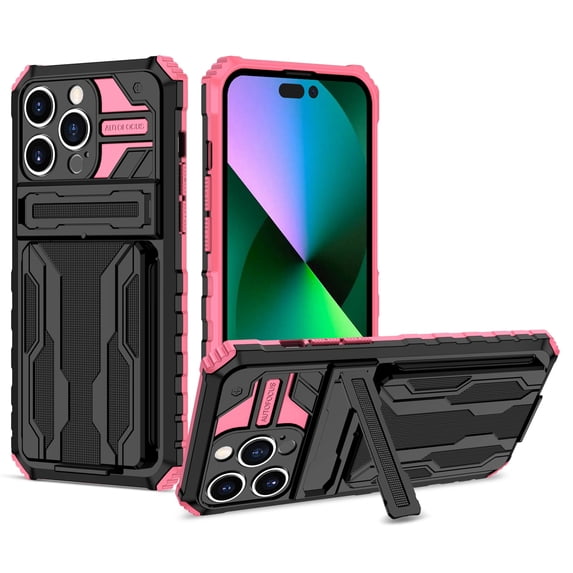 for iPhone 15 Pro 6.1 inch Wallet Case, with Credit Card Holder Stand Kickstand Slim Rugged Shockproof Heavy Duty Defender Armor Military Grade Protective Case for iPhone 15 Pro, Pink