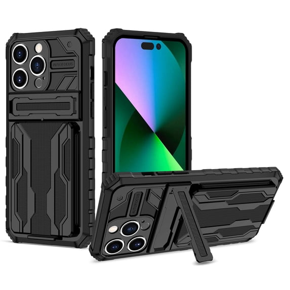 for iPhone 15 Pro 6.1 inch Wallet Case, with Credit Card Holder Stand Kickstand Slim Rugged Shockproof Heavy Duty Defender Armor Military Grade Protective Case for iPhone 15 Pro, Black
