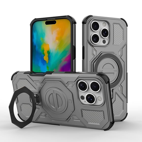 for iPhone 15 Pro Armor Case with Aluminum PC+TPU Hybrid, Magnetic Ring Kickstand Holder, Shock-Resistant Lightweight Non-Slip Protective Cover, Wireless Charging Compatible Design, Gray